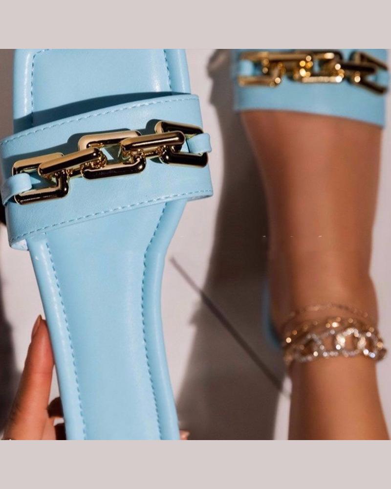 

Square-toe Solid Color Splicing Chain Flat Slippers, Blue