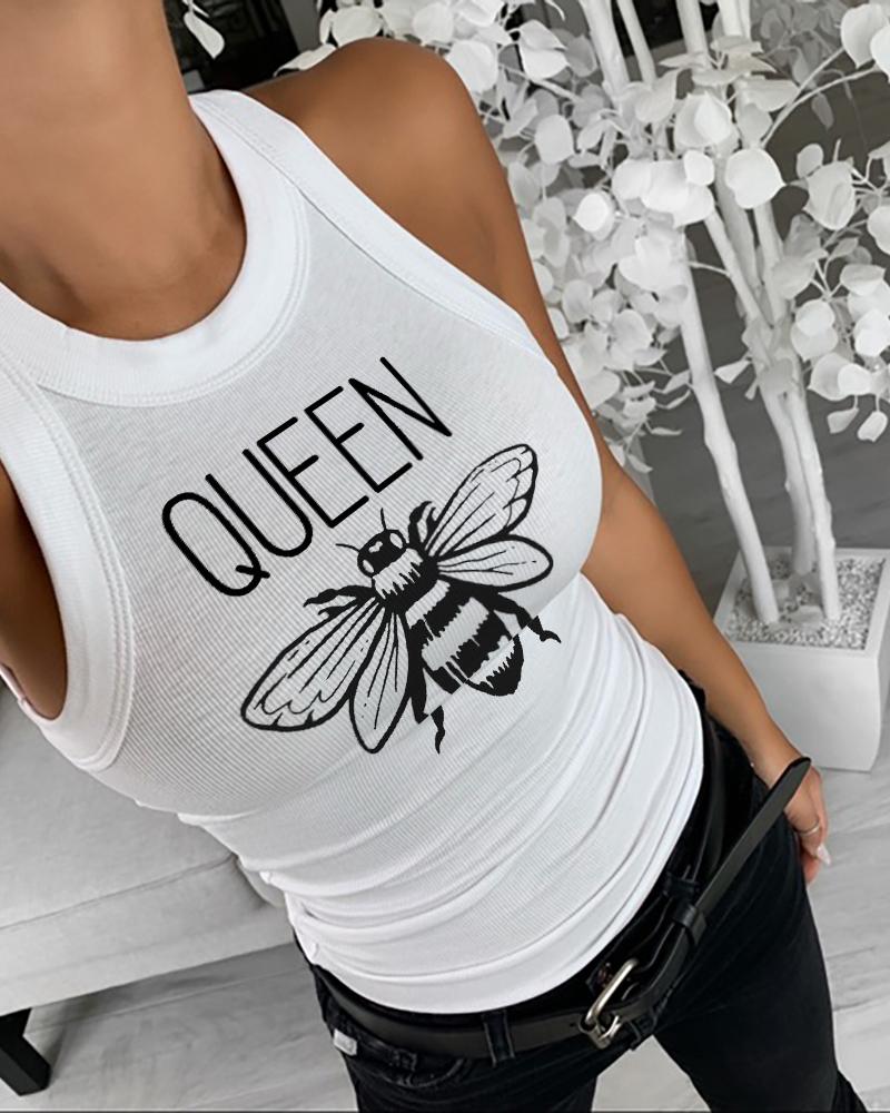 

Bee Letter Print Tank Tops Sleeveless Basic Top Shirt Slim Knit Ribbed Racerback Blouses, White