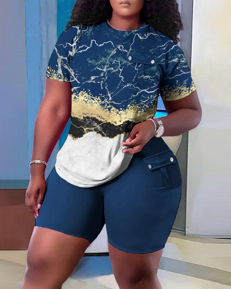

Plus Size Marble Print Pocket Design Top & Shorts Set, Blue