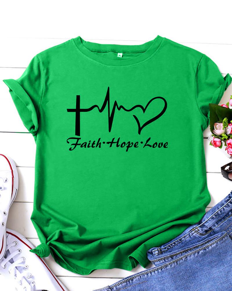 

Heart Letter Print Short Sleeve Top, Green