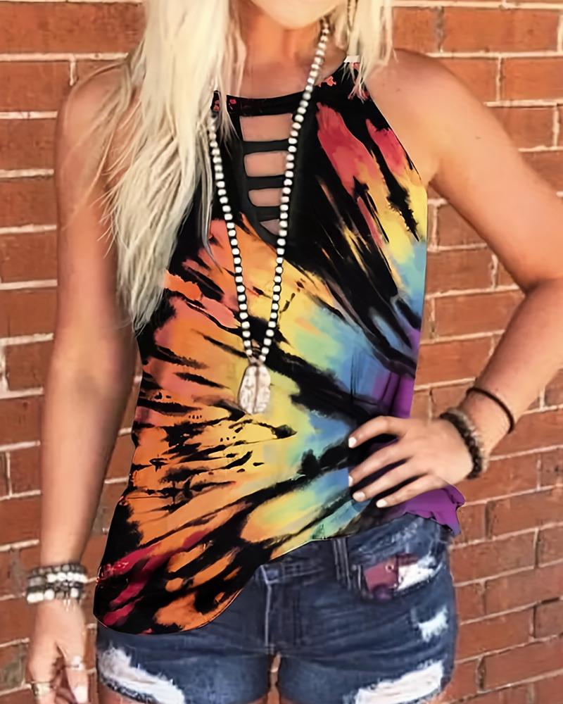 

Tie Dye Print Ladder Cutout Tank Top, Multicolor