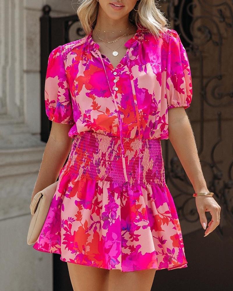 

Floral Print Puff Sleeve Ruffle Hem Dress, Hot pink