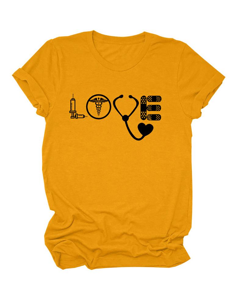 

Valentine's Day Graphic Heart Print Casual T-shirt, Yellow