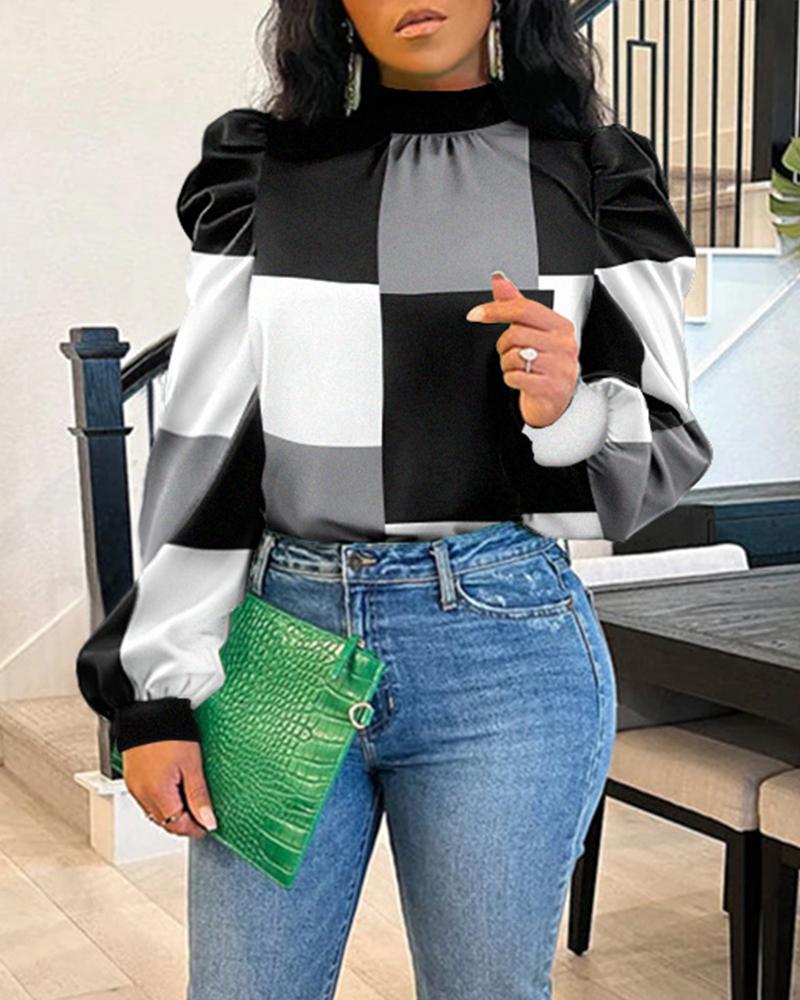 

Geometric Print Puff Sleeve Top, Blackwhite