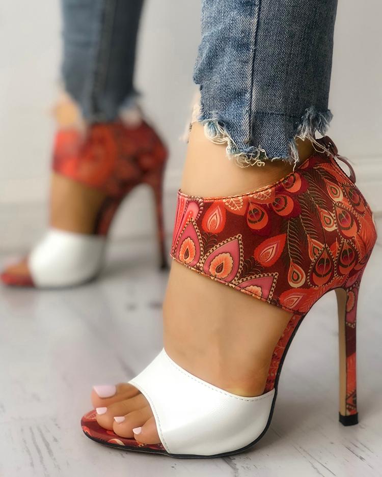 

Contrast Color Open Toe Thin Heeled Sandals, Orange