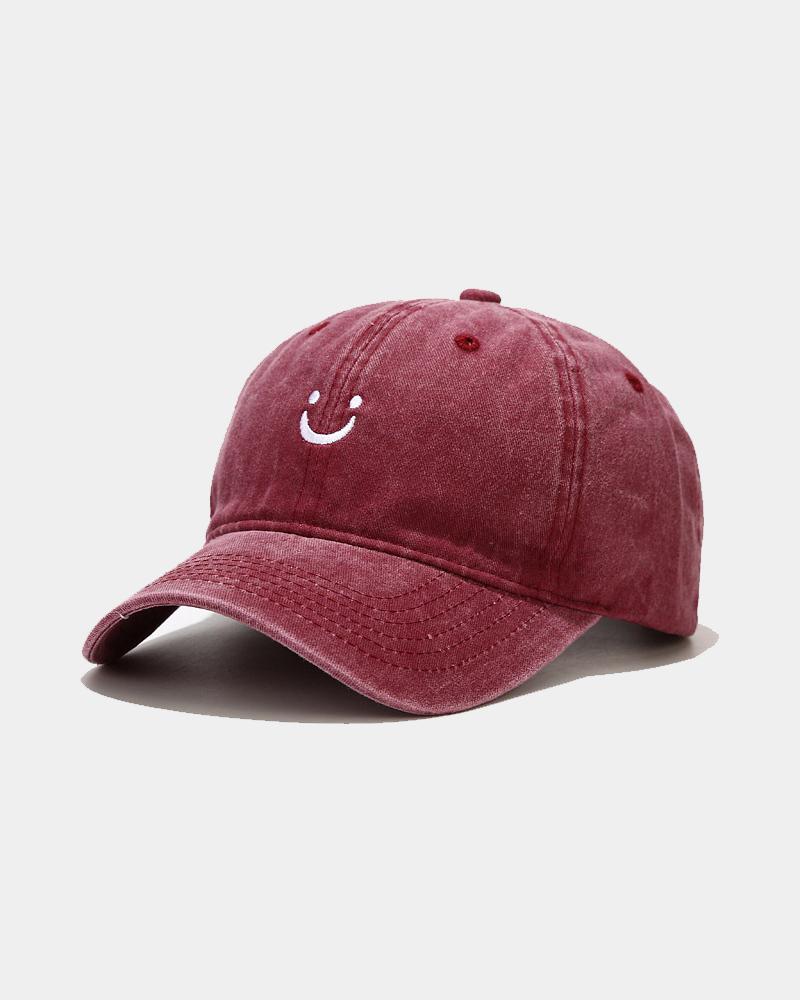 

Smiley Embroidery Washing Baseball Cap, Wine red