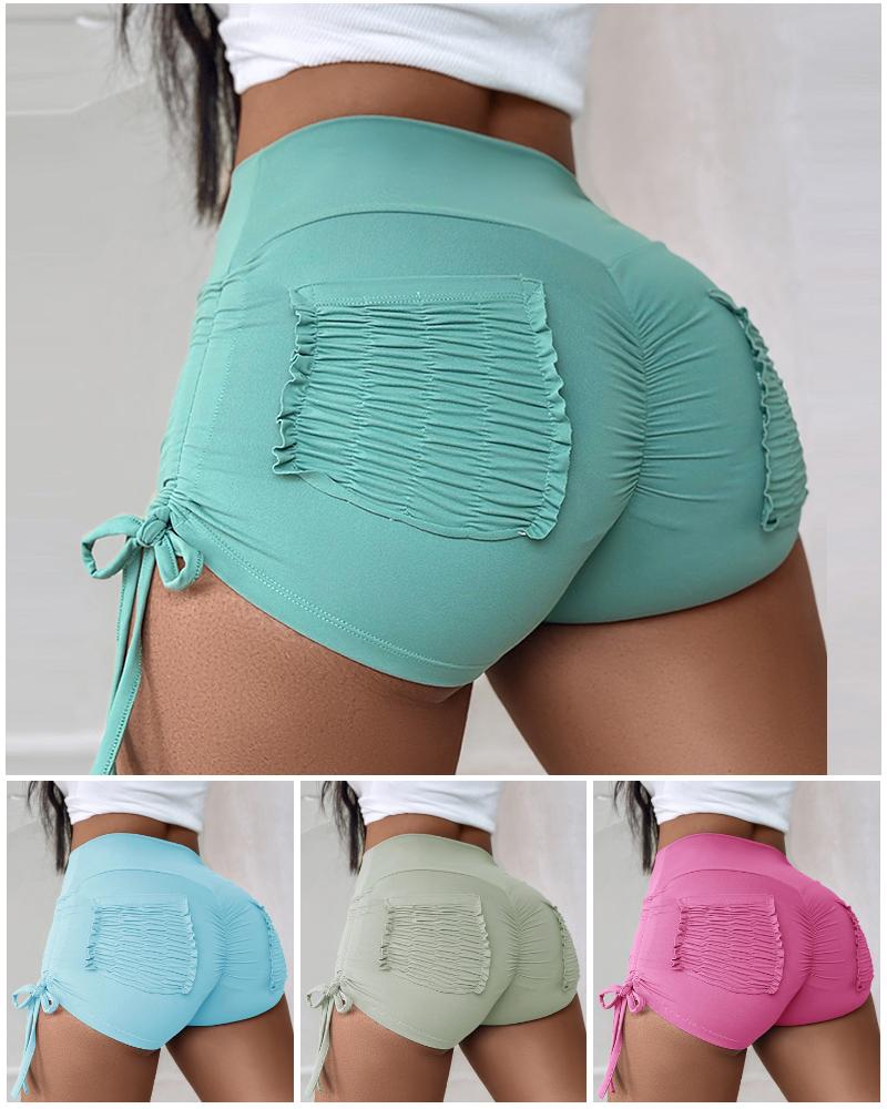 

Pantalones cortos deportivos de ciclista con cintura alta, fruncidos en los laterales y cordón ajustable, con bolsillos, Green