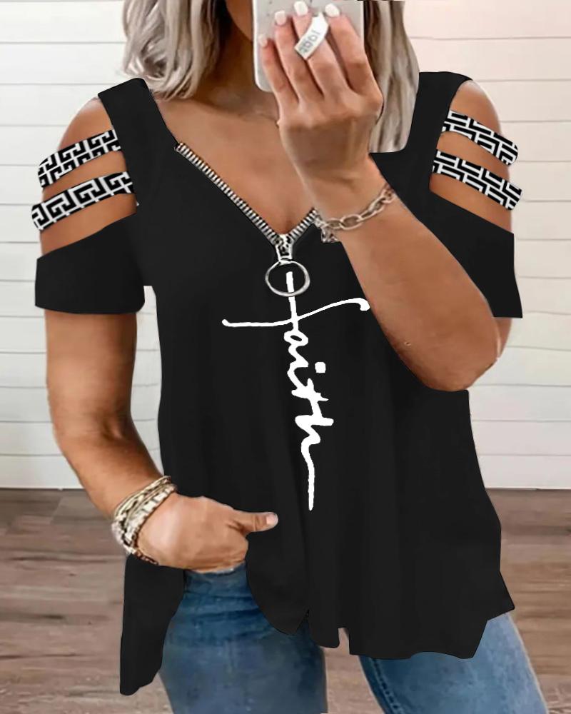 

Plus Size Faith Geometric Print Cutout Zipper Design T-Shirt, Black