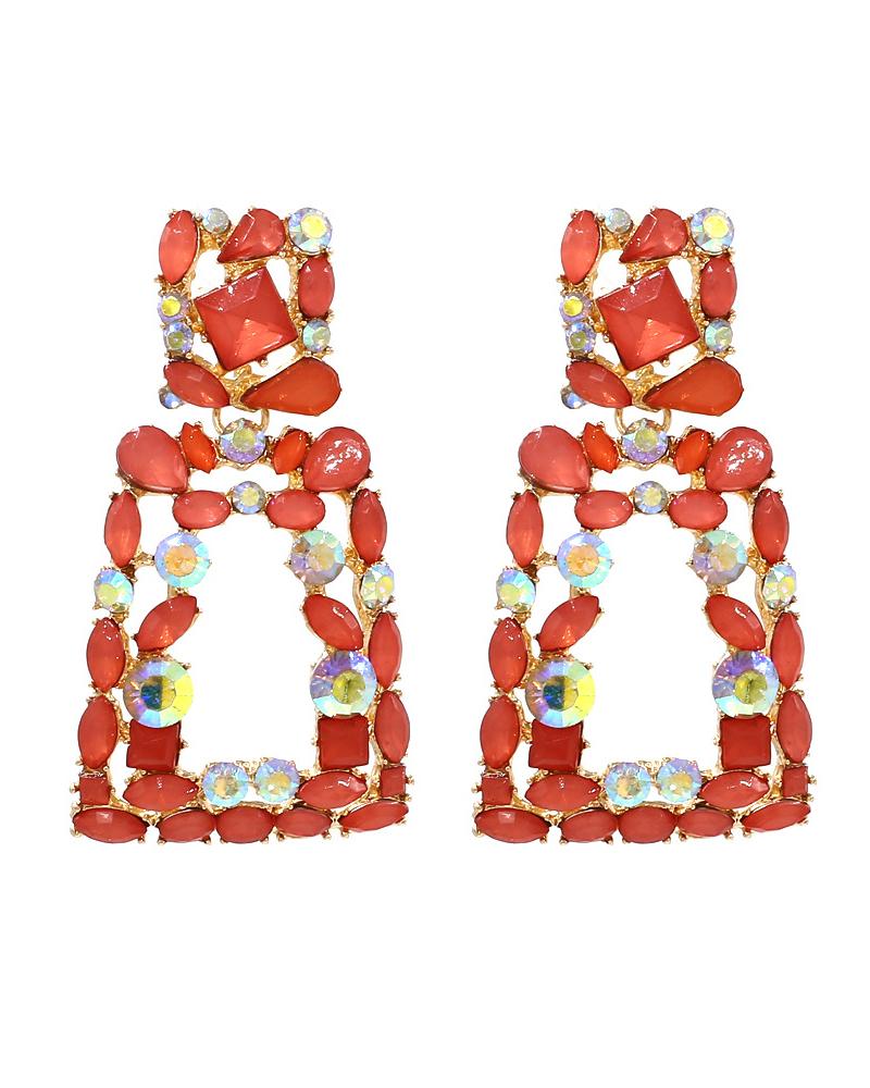 

1Pair Crystal Stone Geometric Fashionable Drop Earrings, Red