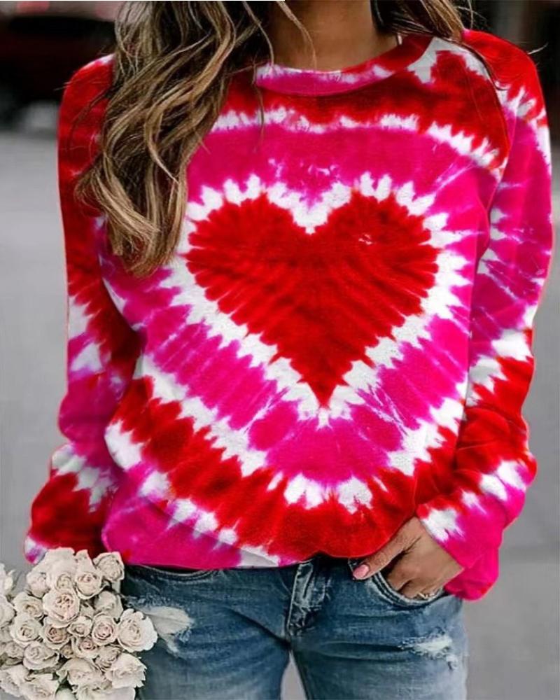 

Plus Size Valentine's Day Tie Dye Heart Print Casual Top, Pink