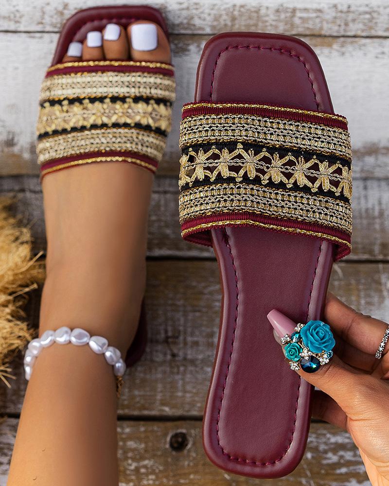 

Bohemian Tribal Wide Strap Beach Slippers, Wine red