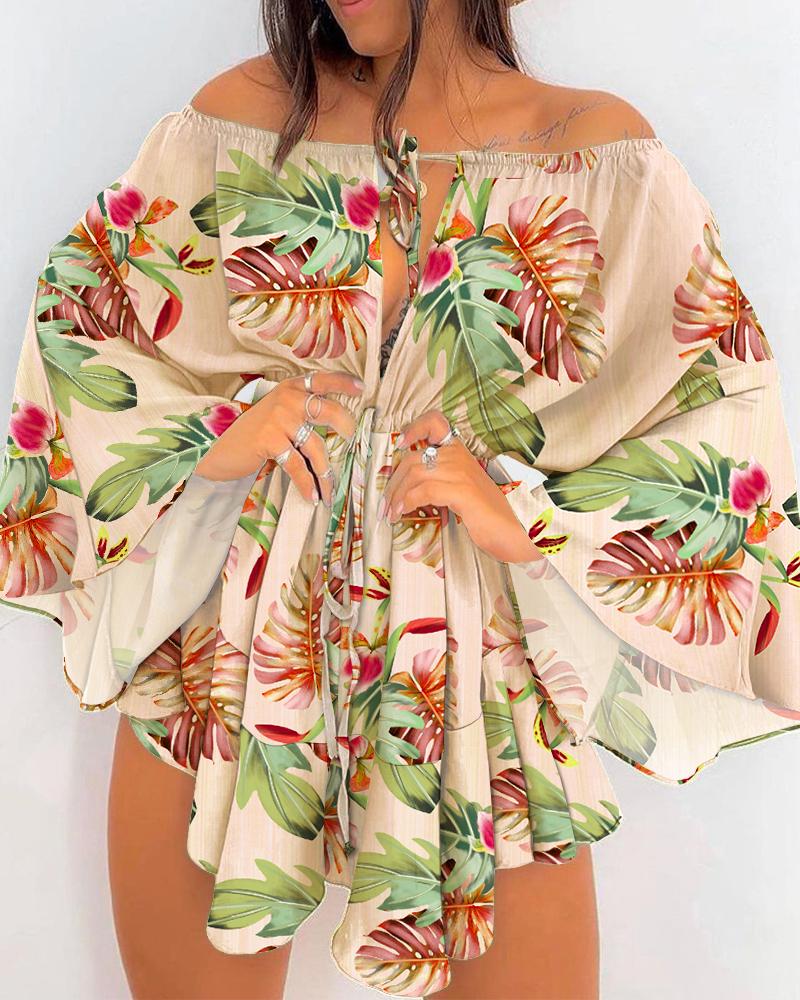 

Tropical Print Off Shoulder Bell Sleeve Drawstring Dress, Multicolor