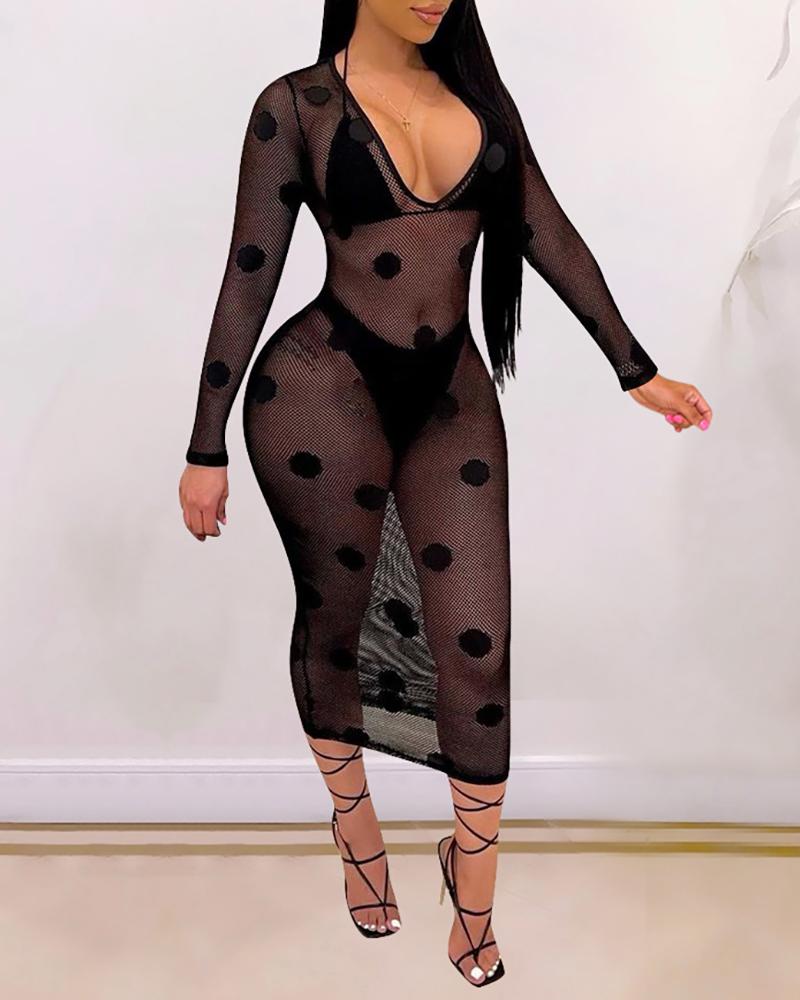

Halter Bikini Sets With Polkadot Print Cover Up Dress, Black