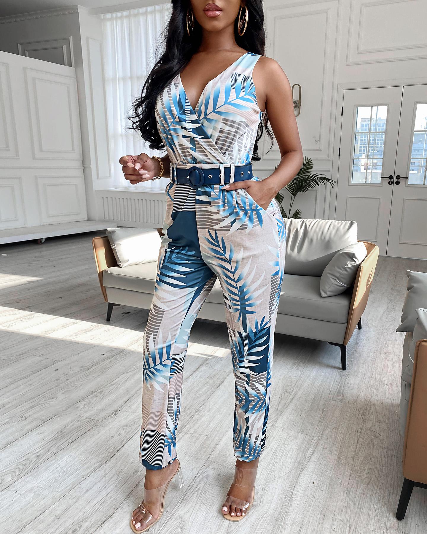 

Leaf Striped Print Pocket Design Backless Jumpsuit, Multicolor