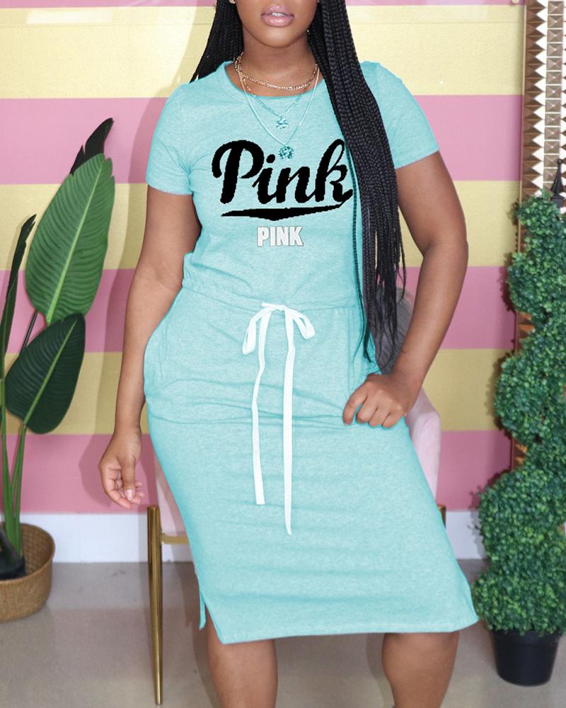 

Letter Print Round Neck Casual Dress, Blue