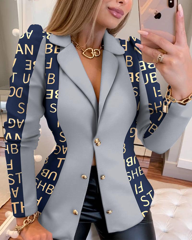 

Letter Print Colorblock Single Breasted Blazer Coat, Gray