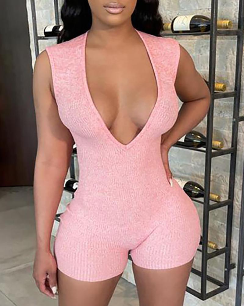 

Ribbed Plunge Sleeveless Skinny Romper, Pink