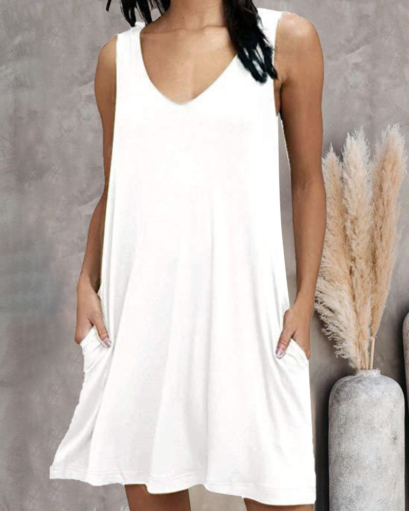 

Pocket Detail V-Neck Casual Tank Dress, White