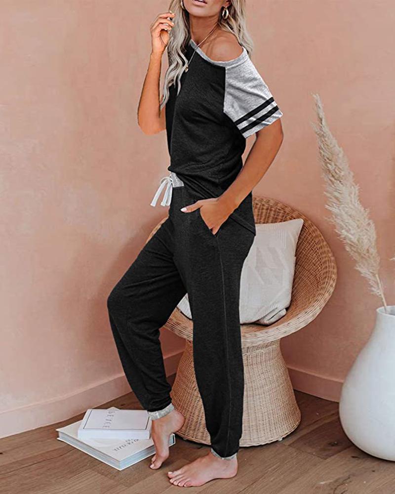 

Patchwork Design Short Sleeve Top & Pants Set, Black