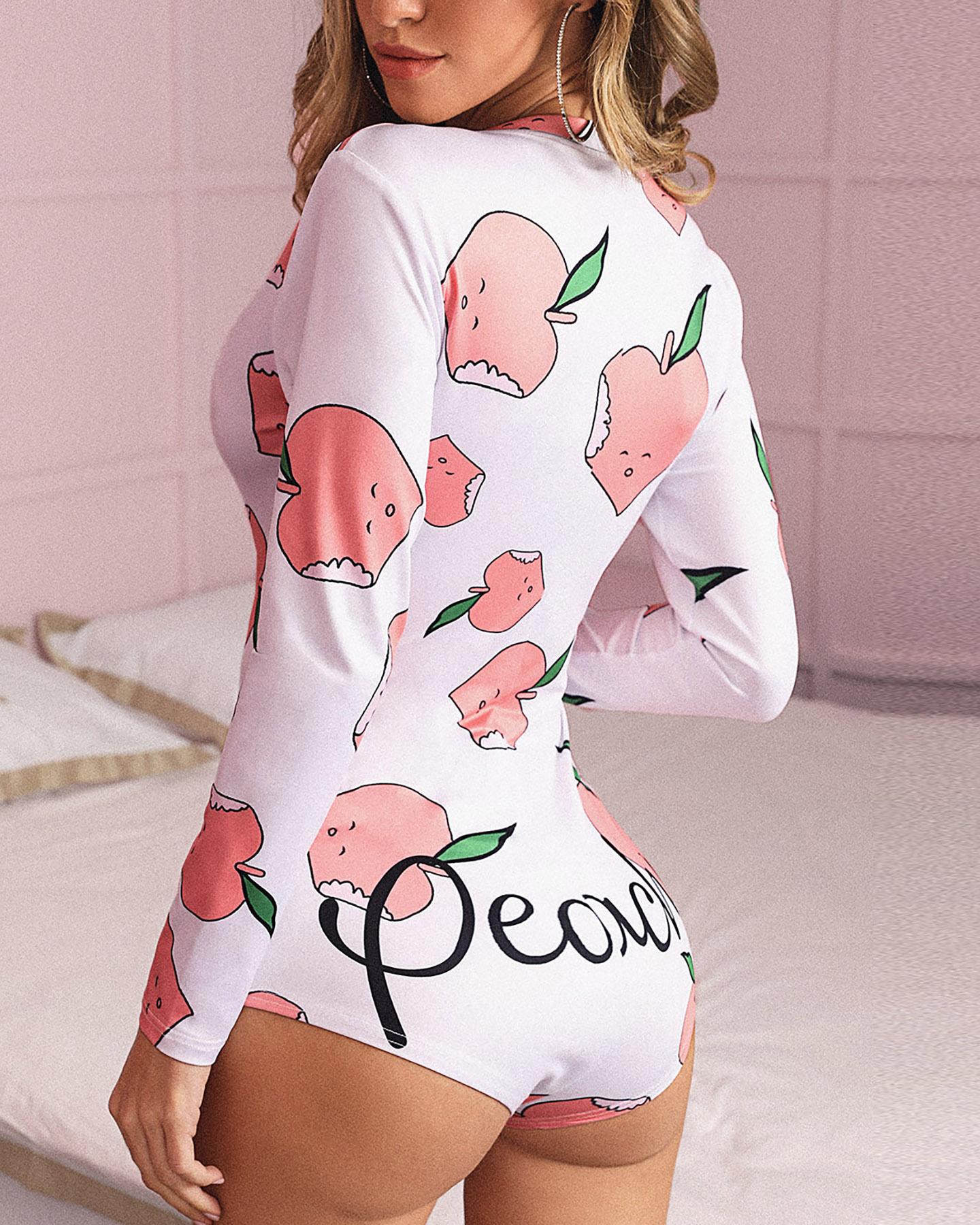 

Graphic Fruit Print Long Sleeve Adult Onesie, Pink