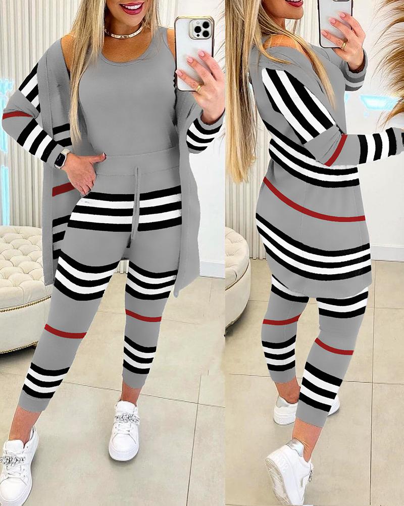 

Tank Top & Striped Drawstring Pants Set With Coat, Gray