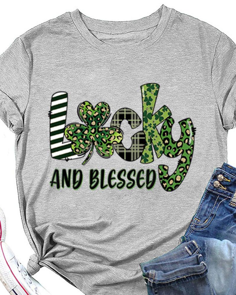 

St. Patrick' Day Letter Clover Print Casual T-shirt, Gray