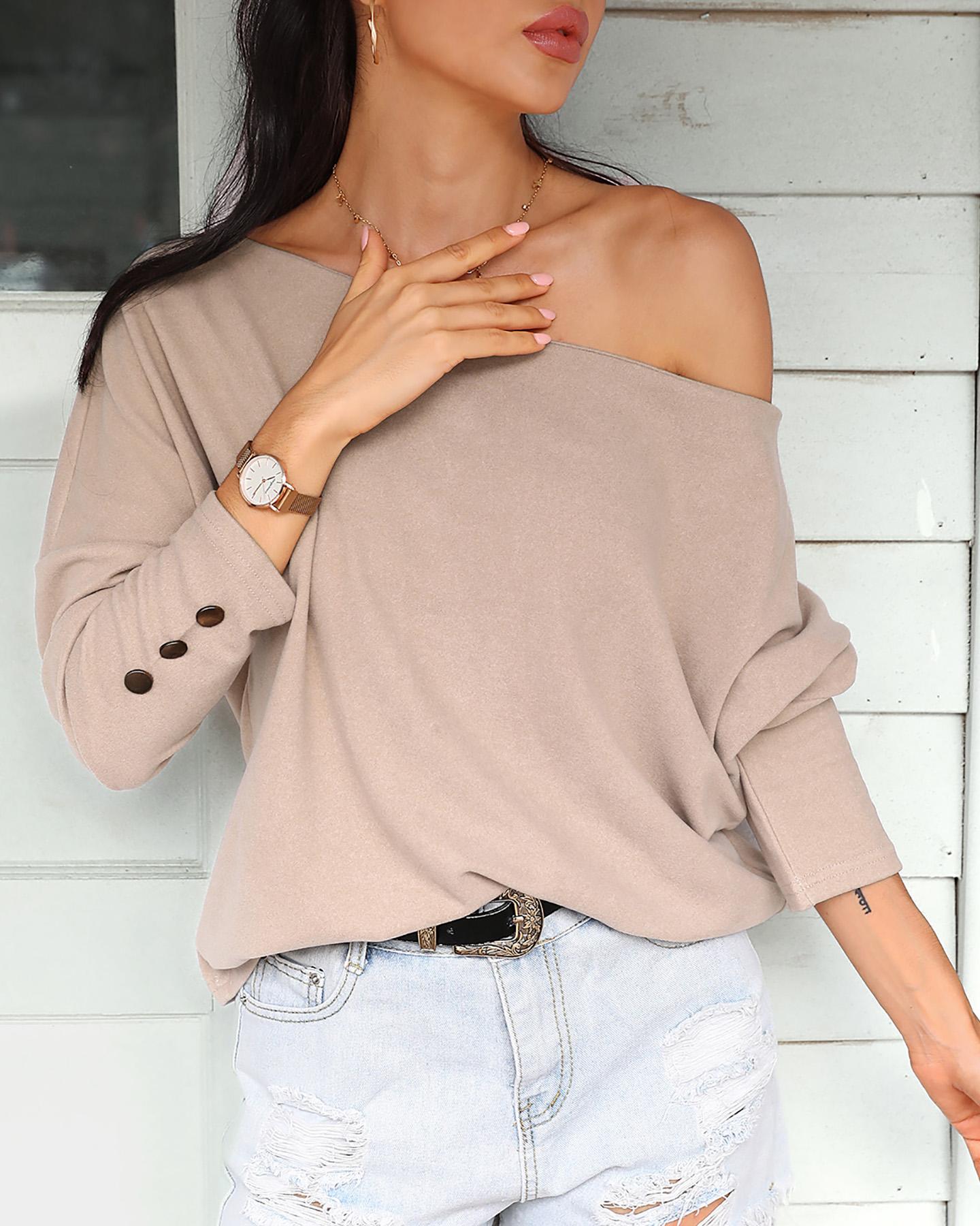 

Batwing Long Sleeve Buttoned Top, Nude