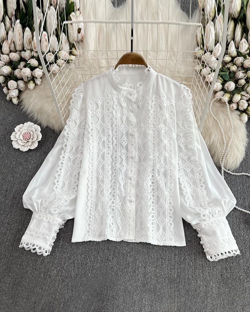 

Contrast Lace Stand Collar Buttoned Top, White