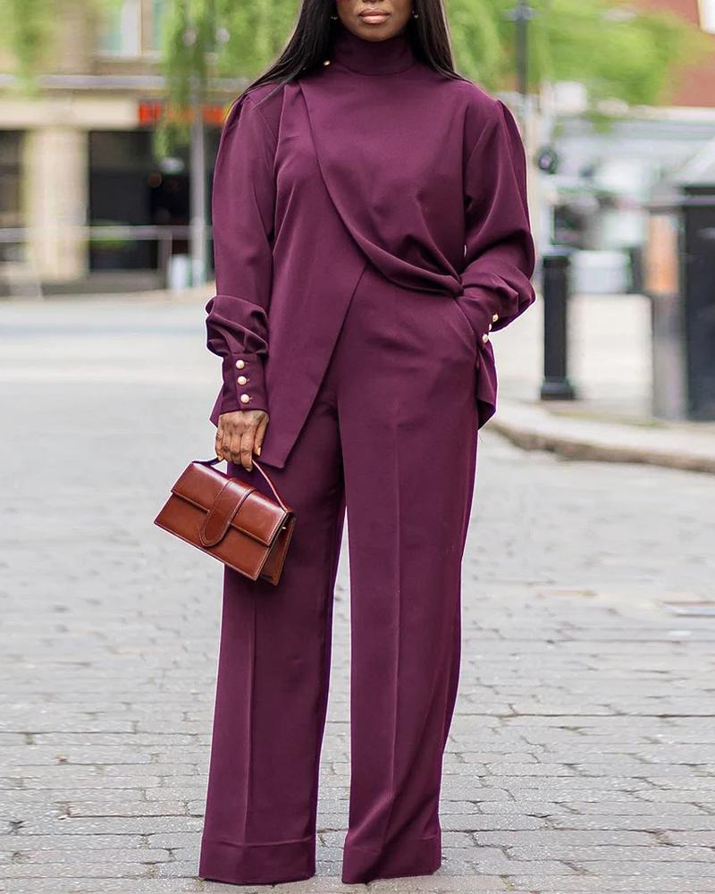 

Plus Size Lantern Sleeve Slit Overlap Top & Pants Set, Purple
