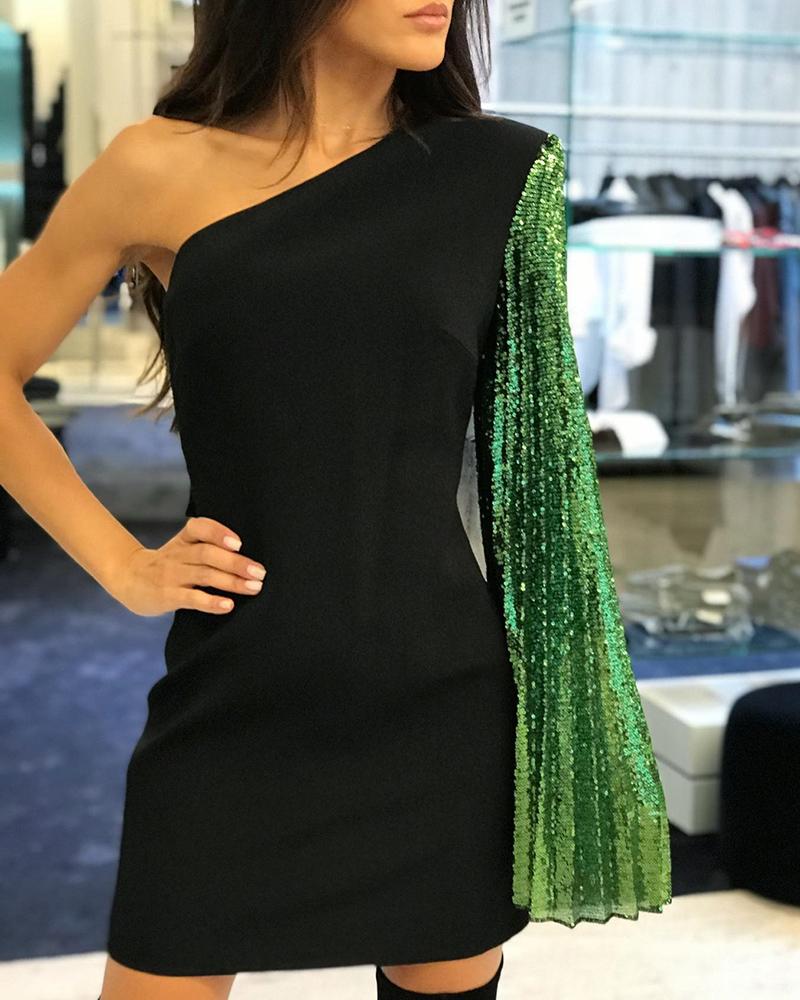 

One Shoulder Sequin Patch Party Dress, Black