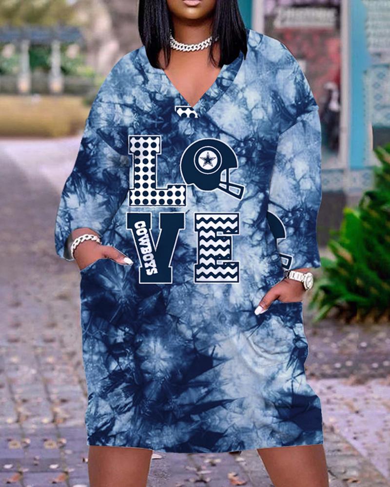 

Plus Size Tie Dye NFL Print Long Sleeve Casual Dress, Blue