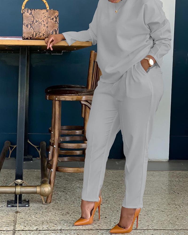 

Long Sleeve Top & Pocket Design Pants Set, Gray