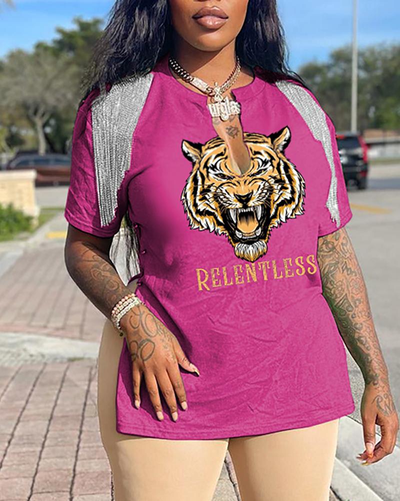 

Tiger Print Tassel Design Slit T-shirt, Pink