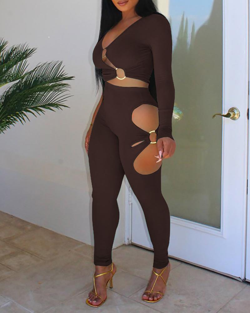 

Ribbed O-Ring Decor Cutout Front Top & High Waist Pants Set, Coffee