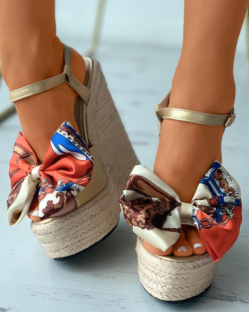 

Scarf Print Bowknot Decor Espadrille Wedge Shoes, Gold