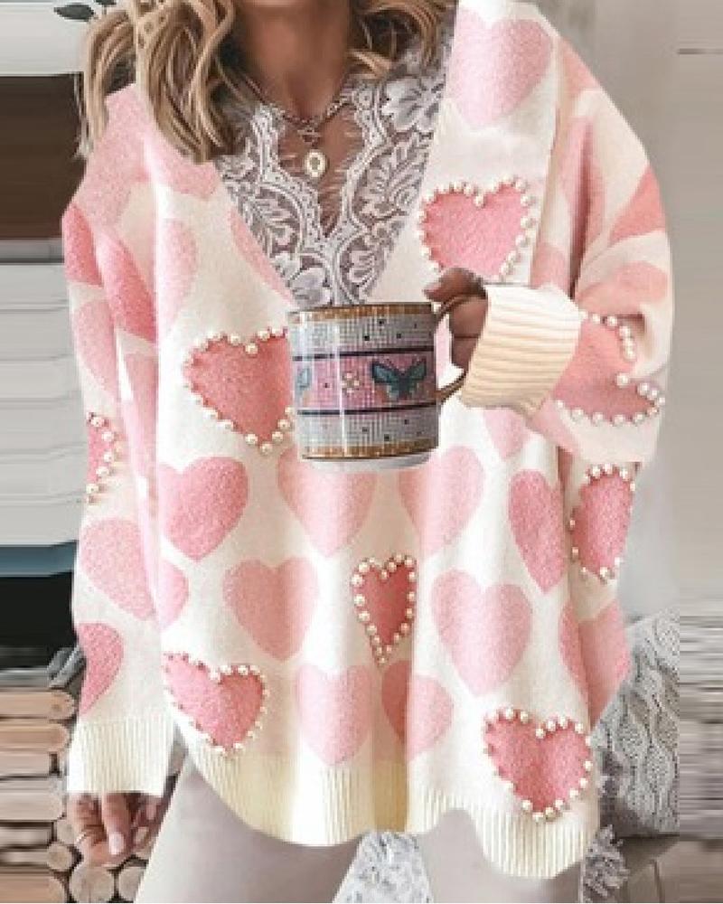 

Heart Print Eyelash Crochet Lace Patch Beaned Sweater, Pink