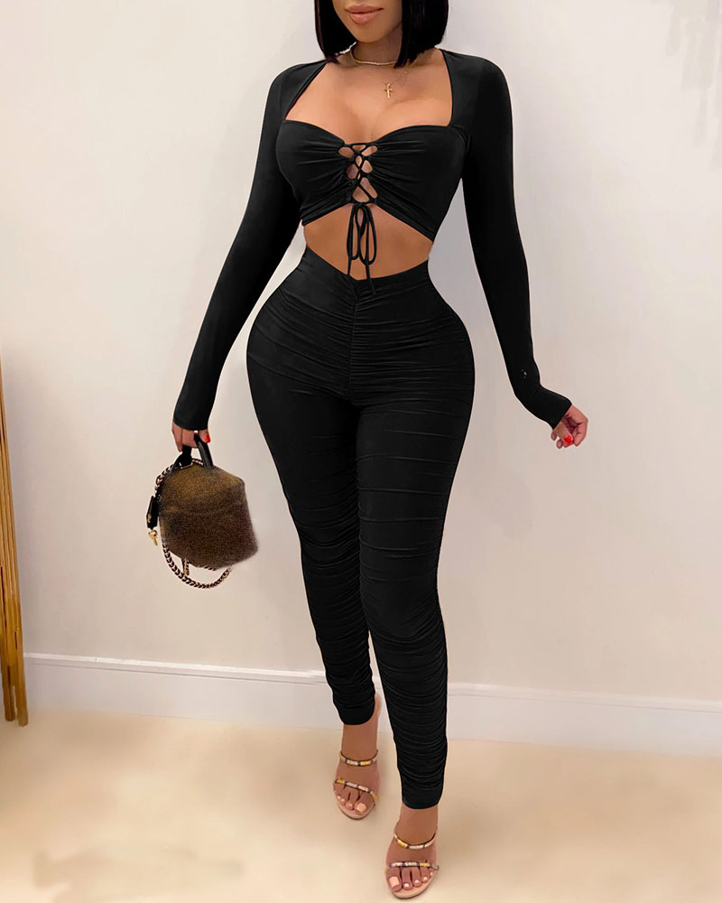 

Ruched Lace-up Top & High Waist Pants Set, Black