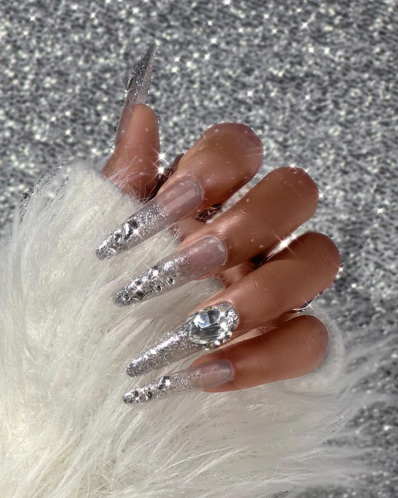 

Medium Press on Nails Rhinestone Sliver Ombre Art Nails, Silver