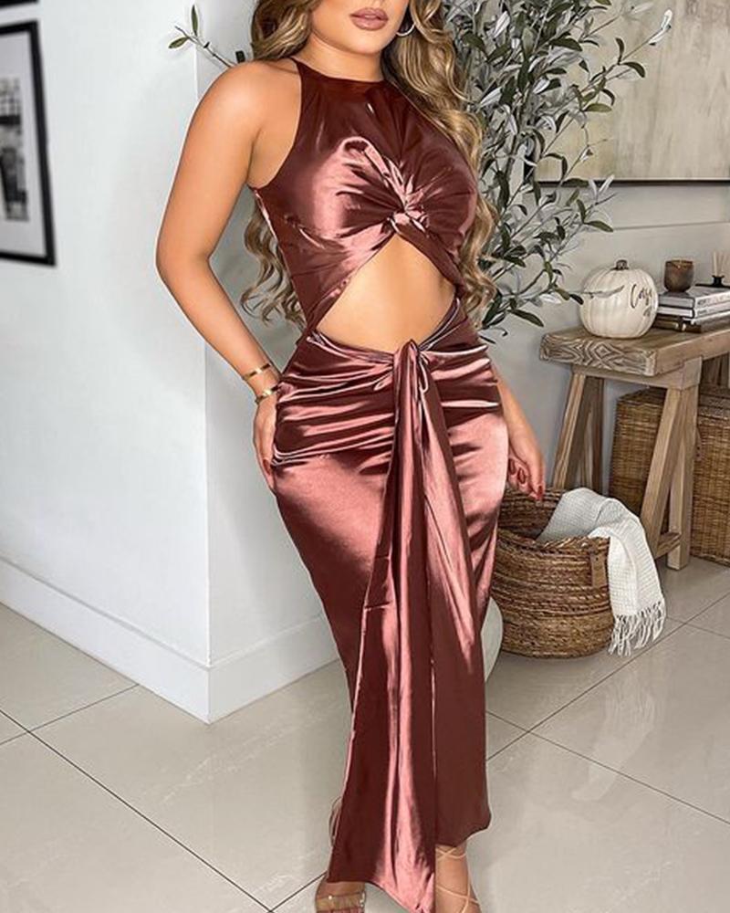 

Satin Twist Cutout Front Bodycon Dress, Brown