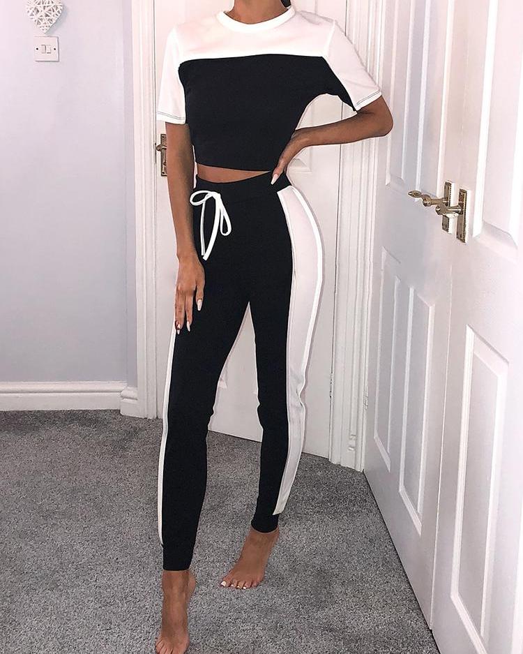 

Contrast Color Crop Top And Pant Sets Tracksuit, White