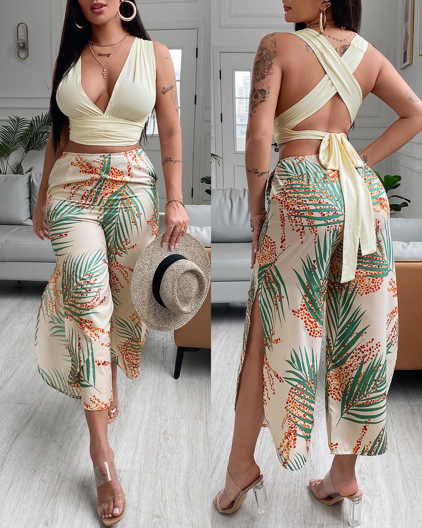 

Crisscross Backless Top & Tropical Print Wide Leg Pants Set, Beige
