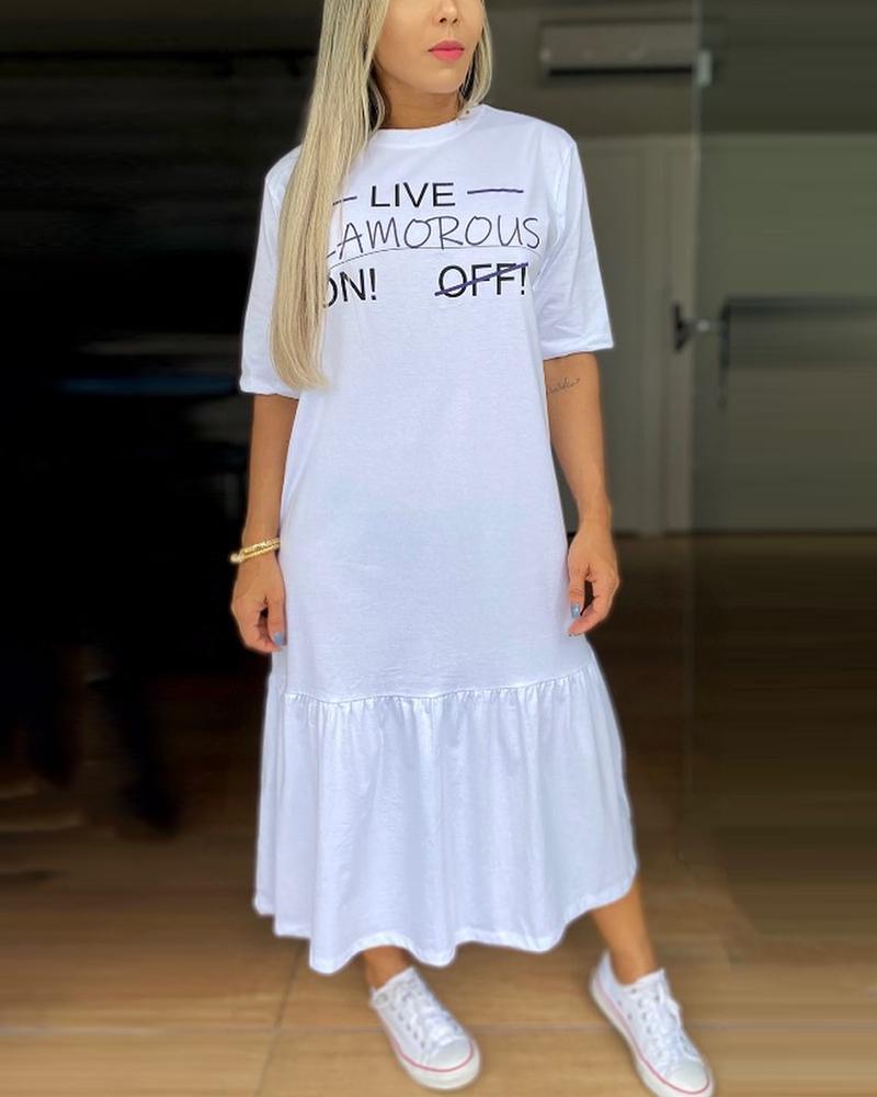 

Letter Print Patchwork Long Dress, White