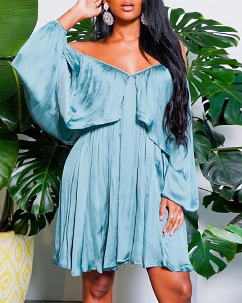 

Off Shoulder Lantern Sleeve Ruched Satin Dress, Lighted blue
