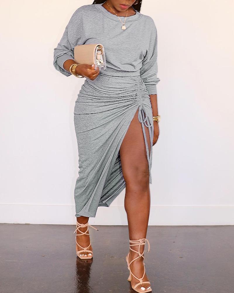 

Crop Sweatshirt & Slit Drawstring Skirt Set, Light gray