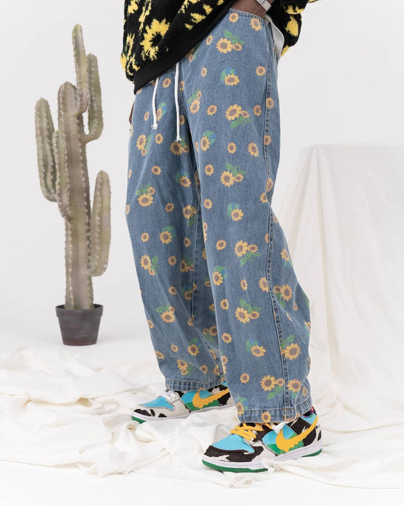 

Sunflower Print Loose Straight Pants, Blue