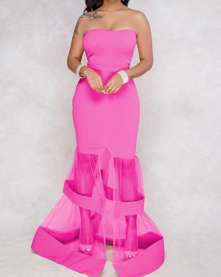 

Solid Strapless Split Mesh Mermaid Dress, Hot pink