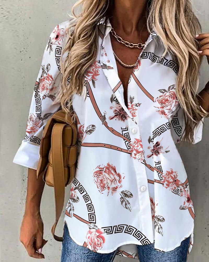 

Floral Print Button Up Long Sleeve Shirt, White