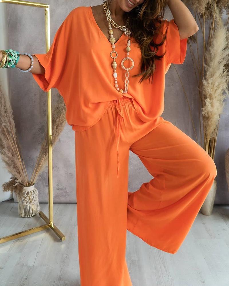 

V-Neck Batwing Sleeve Top & Casual Pants Set, Orange