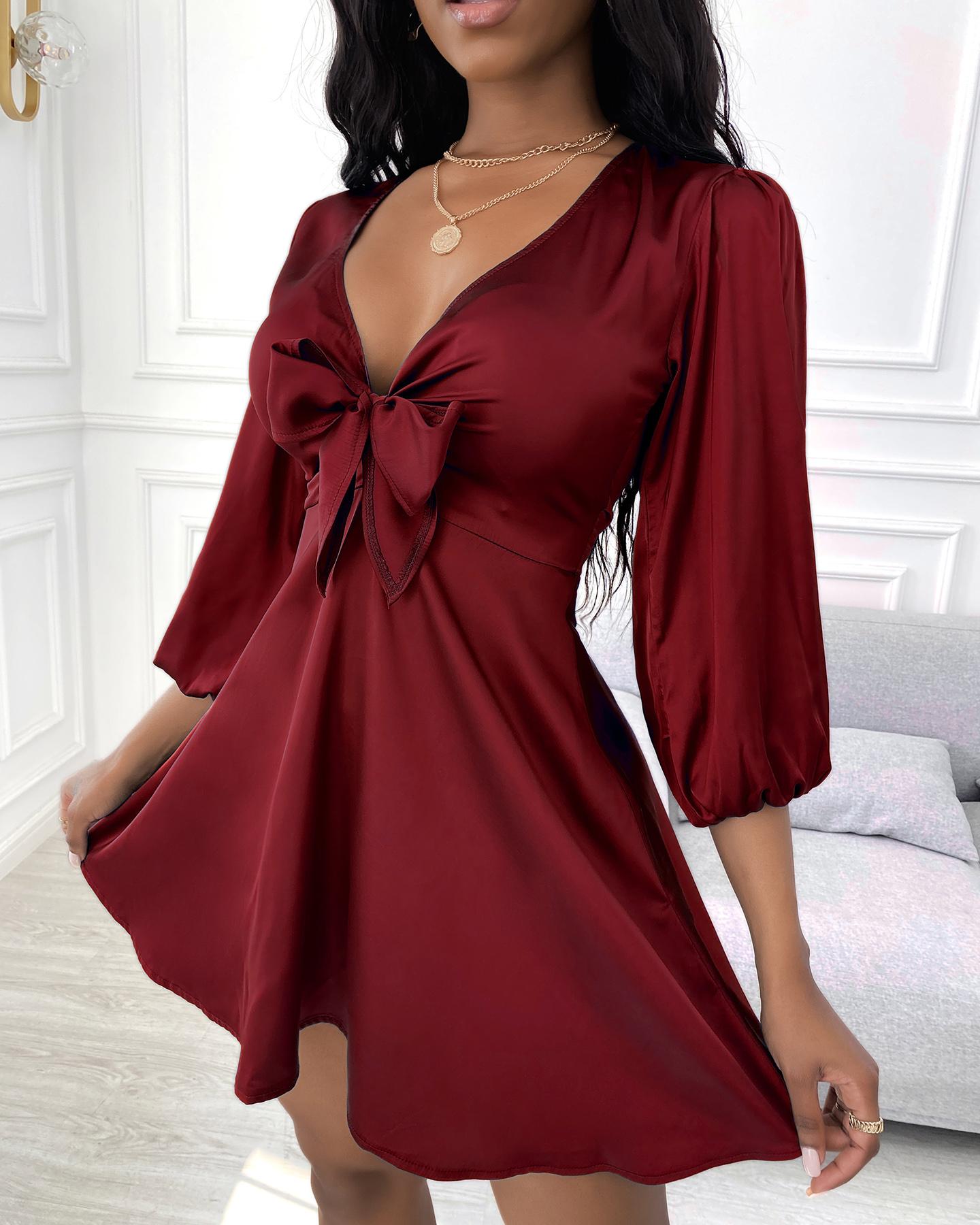 

Puff Sleeve Plunge Tie Front Dress, Wine red