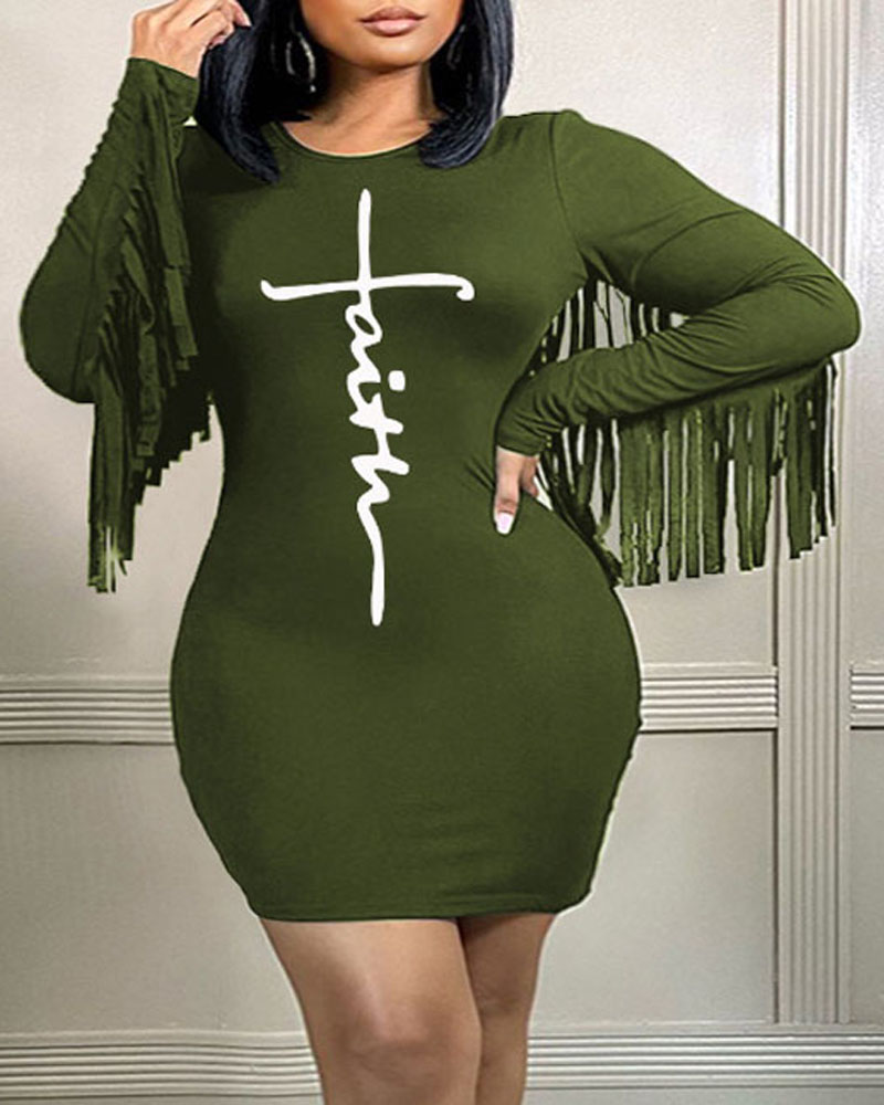 

Plus Size Letter Print Tassel Trim Bodycon Dress, Green